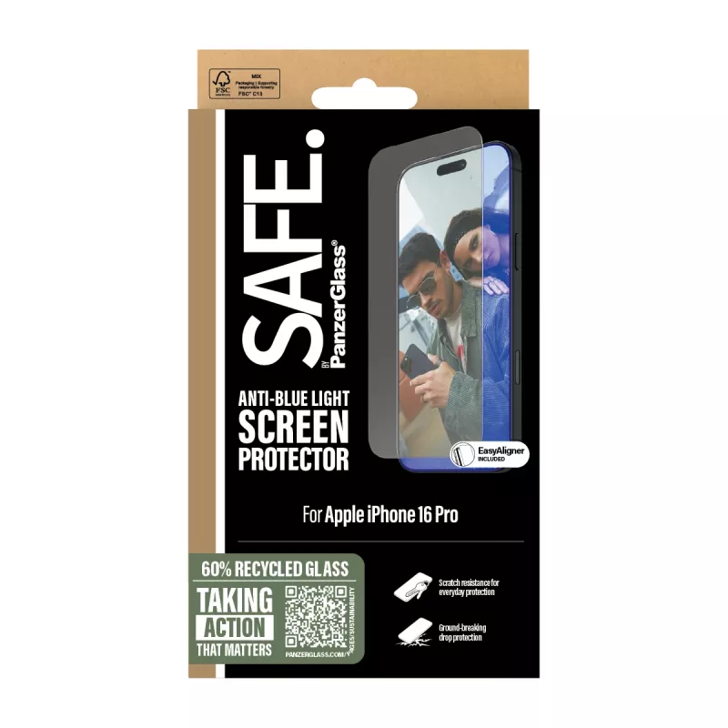 PanzerGlass SAFE. by ® Anti-Blue Light Screen Protector iPhone 16 Pro | Ultra-Wide Fit