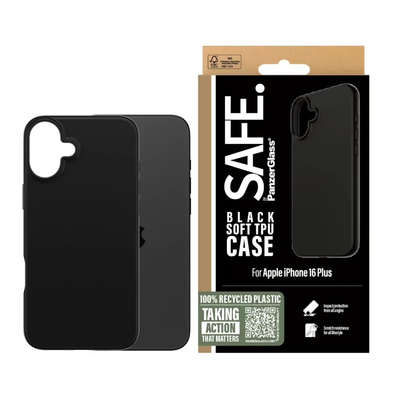 PanzerGlass SAFE. by ® TPU Case Black iPhone 16 Plus, Cover, Apple, Apple - iPhone 16 Plus, Black