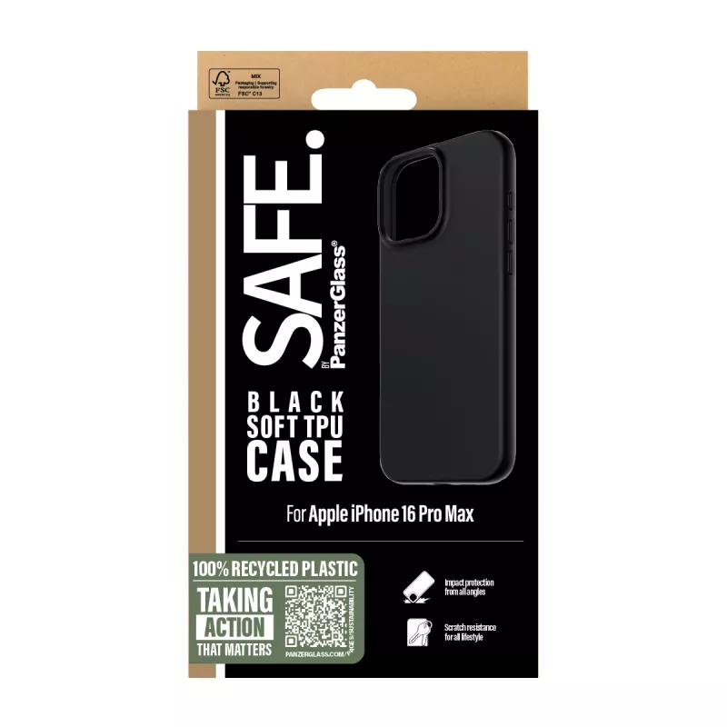 PanzerGlass SAFE. by ® TPU Case Black iPhone 16 Pro Max, Cover, Apple, Apple - iPhone 16 Pro Max, Black