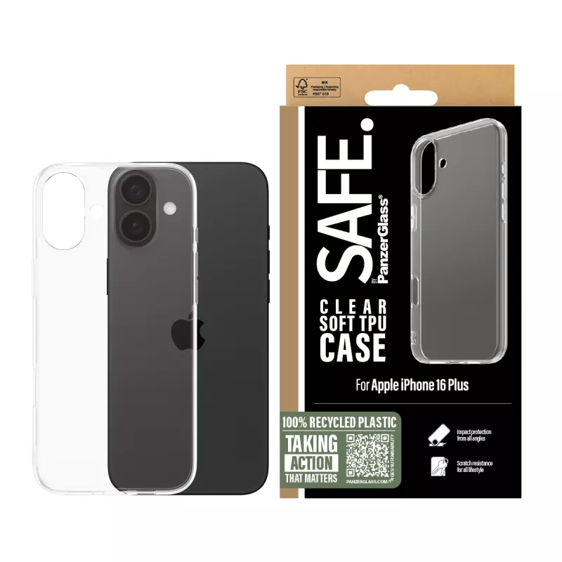 PanzerGlass SAFE. by ® TPU Case Transparent iPhone 16 Plus, Cover, Apple, Apple - iPhone 16 Plus, Transparent
