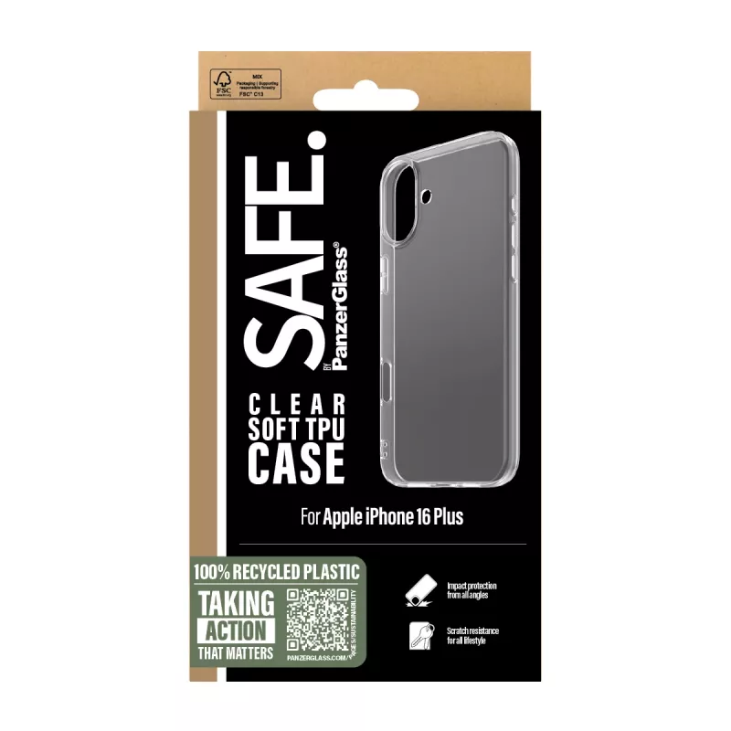PanzerGlass SAFE. by ® TPU Case Transparent iPhone 16 Plus, Cover, Apple, Apple - iPhone 16 Plus, Transparent