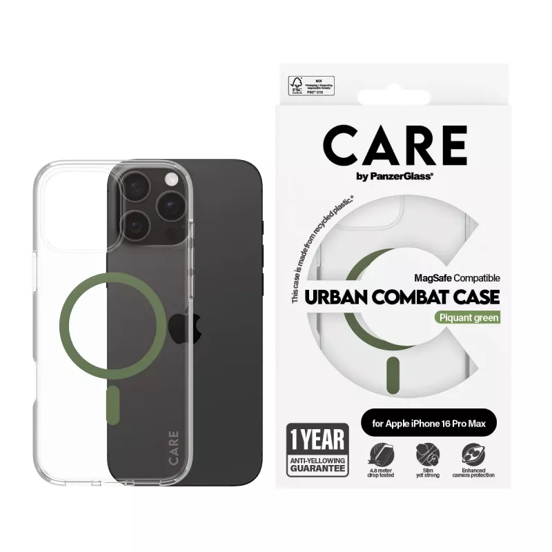PanzerGlass CARE™ by ® Urban Combat Case Transparent w. Green MagSafe iPhone 16 Pro Max