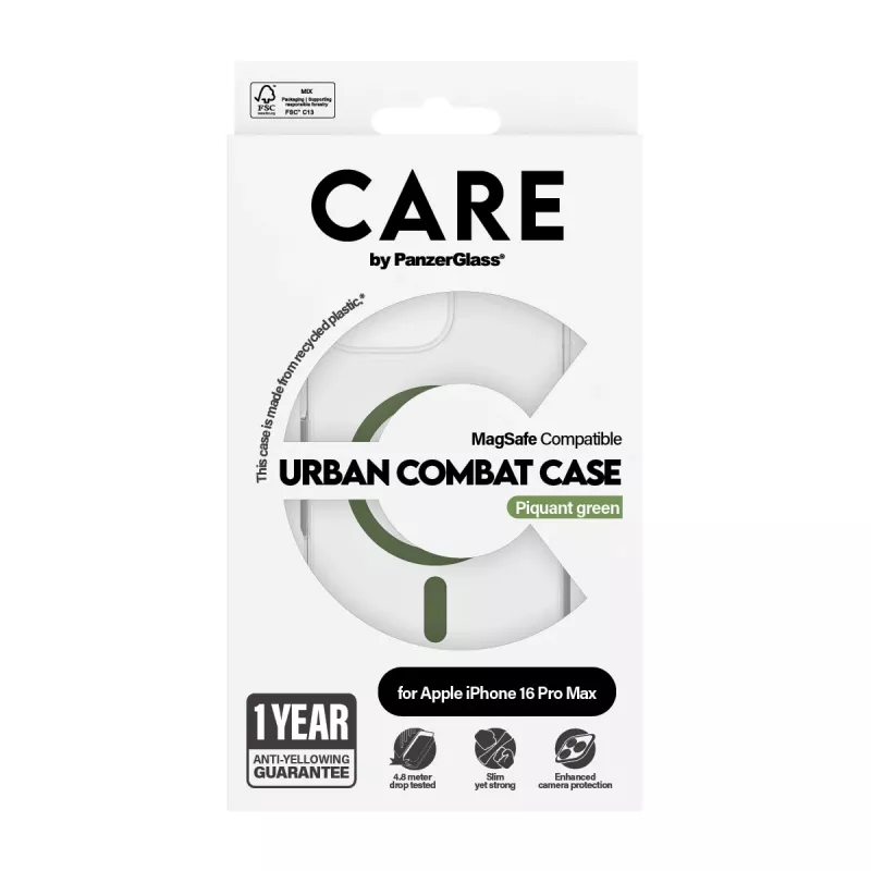 PanzerGlass CARE™ by ® Urban Combat Case Transparent w. Green MagSafe iPhone 16 Pro Max