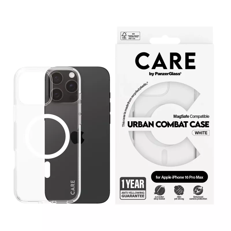 PanzerGlass CARE™ by ® Urban Combat Case Transparent w. White MagSafe iPhone 16 Pro Max