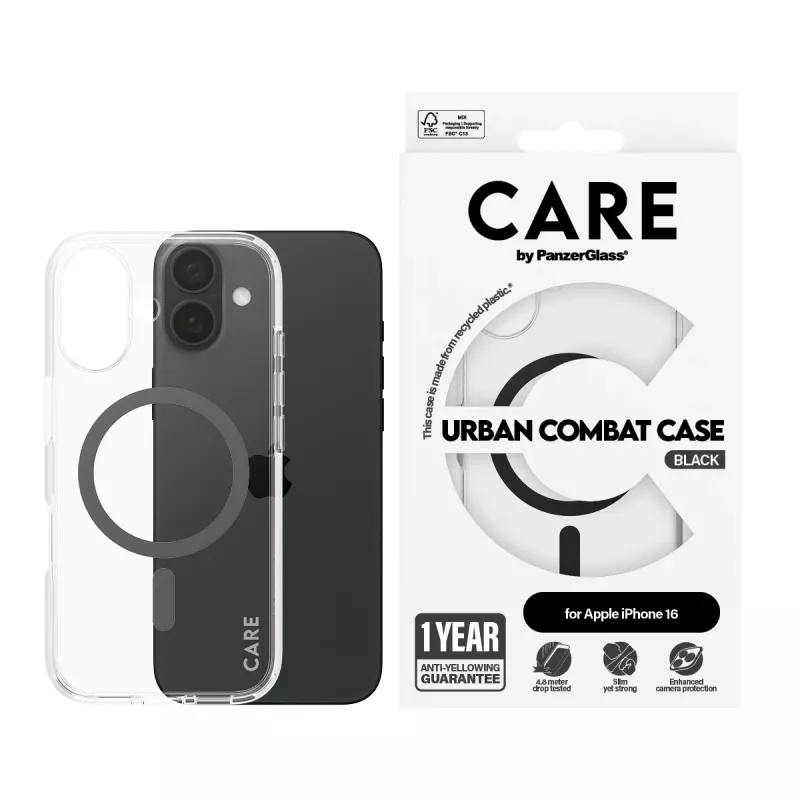 PanzerGlass CARE™ by ® Urban Combat Case Transparent w. Black MagSafe iPhone 16