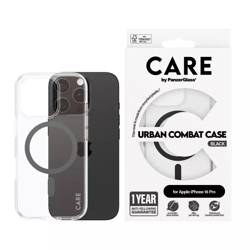 PanzerGlass CARE™ by ® Urban Combat Case Transparent w. Black MagSafe iPhone 16 Pro
