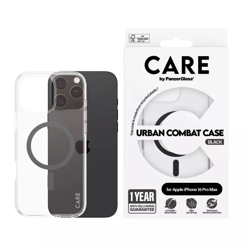 PanzerGlass CARE™ by ® Urban Combat Case Transparent w. Black MagSafe iPhone 16 Pro Max