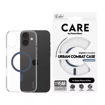 PanzerGlass CARE™ by ® Urban Combat Case Transparent w. Blue MagSafe iPhone 16 Plus