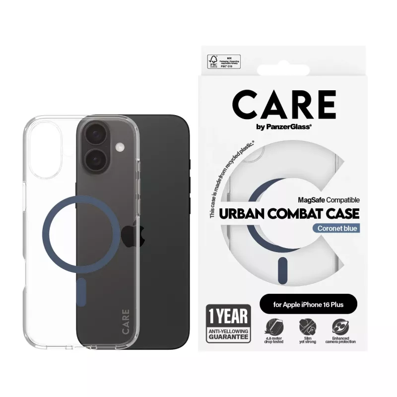 PanzerGlass CARE™ by ® Urban Combat Case Transparent w. Blue MagSafe iPhone 16 Plus