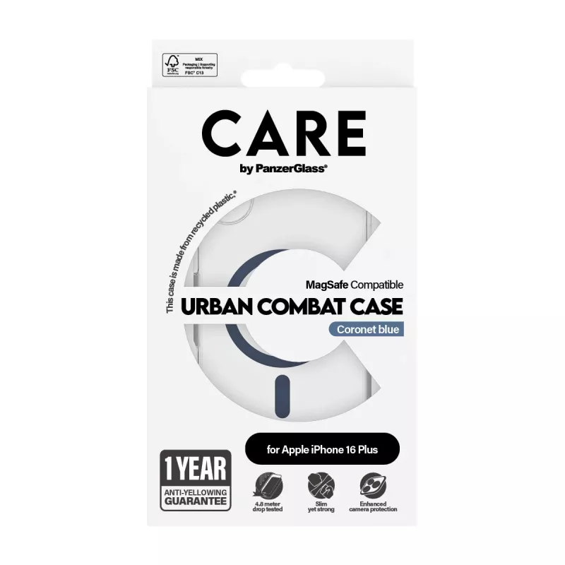 PanzerGlass CARE™ by ® Urban Combat Case Transparent w. Blue MagSafe iPhone 16 Plus