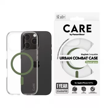 PanzerGlass CARE™ by ® Urban Combat Case Transparent w. Green MagSafe iPhone 16 Pro