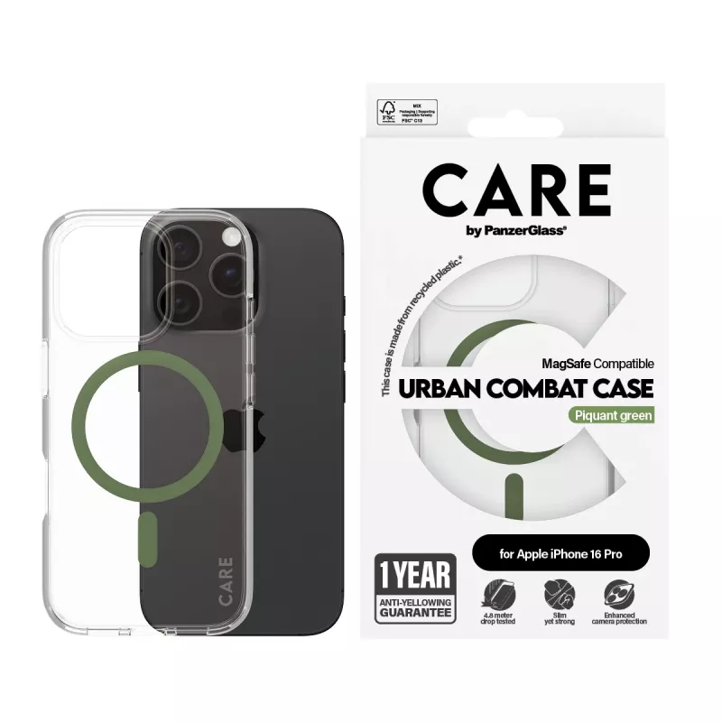 PanzerGlass CARE™ by ® Urban Combat Case Transparent w. Green MagSafe iPhone 16 Pro