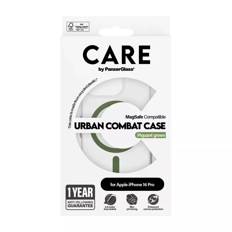 PanzerGlass CARE™ by ® Urban Combat Case Transparent w. Green MagSafe iPhone 16 Pro