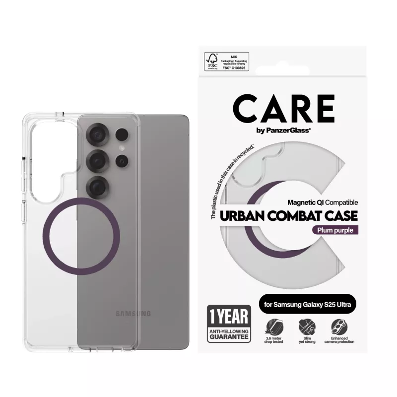 PanzerGlass CARE™ by ® Urban Combat Case Transparent w. Plum Purple Qi Compatible Samsung Galaxy S25 Ultra