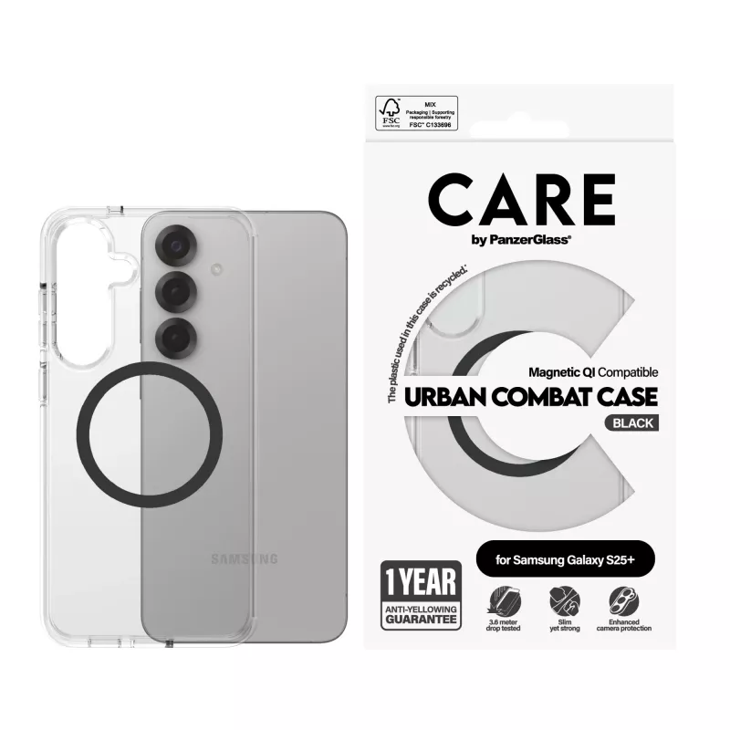 PanzerGlass CARE™ by ® Urban Combat Case Transparent w. Black Qi Compatible Samsung Galaxy S25+