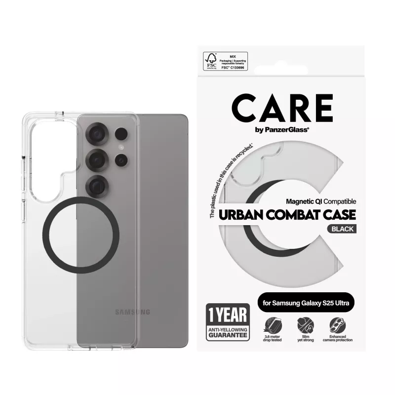 PanzerGlass CARE™ by ® Urban Combat Case Transparent w. Black Qi Compatible Samsung Galaxy S25 Ultra