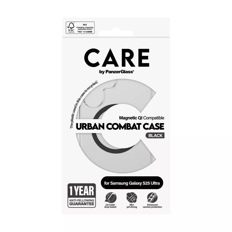 PanzerGlass CARE™ by ® Urban Combat Case Transparent w. Black Qi Compatible Samsung Galaxy S25 Ultra