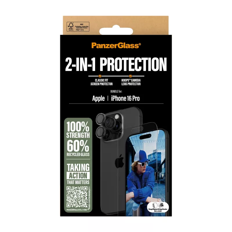 PanzerGlass ® 2-in-1 Bundle iPhone 16 Pro, Apple, Apple - iPhone 16 Pro, Dry application, Scratch resistant, Shock resistant, Transparent, 1 pc(s)