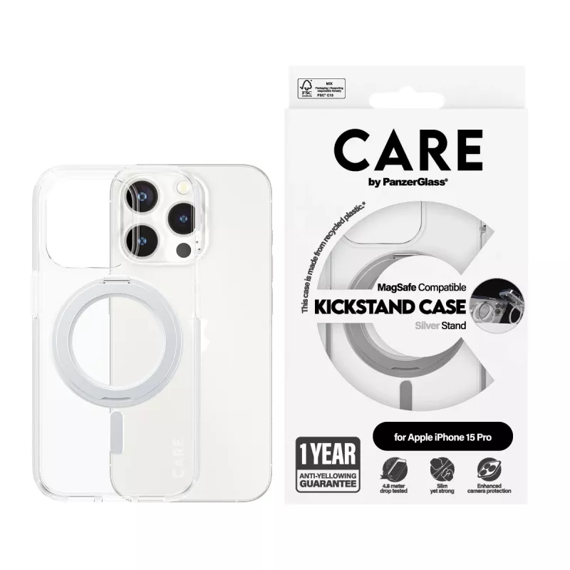 PanzerGlass CARE™ by ® Case Transparent w. Silver Kickstand & MagSafe iPhone 15 Pro