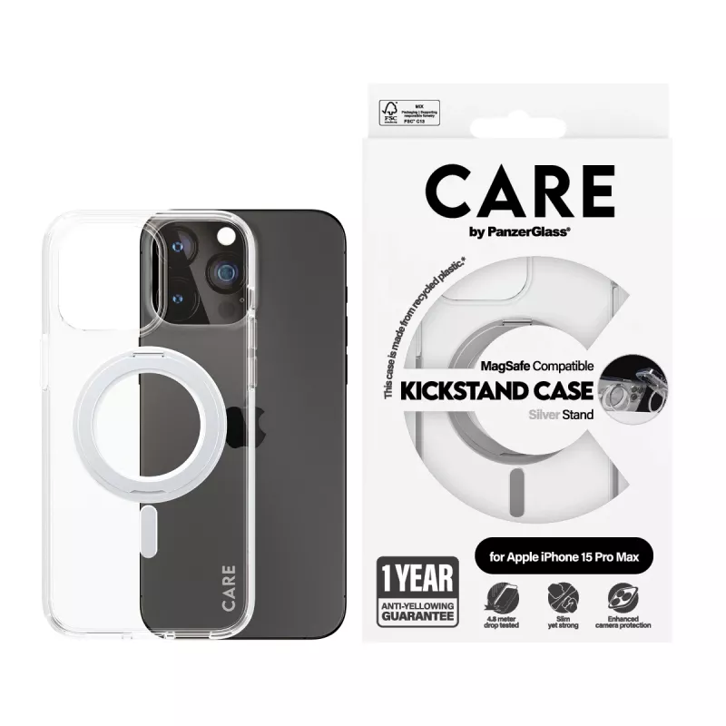 PanzerGlass CARE™ by ® Case Transparent w. Silver Kickstand & MagSafe iPhone 15 Pro Max