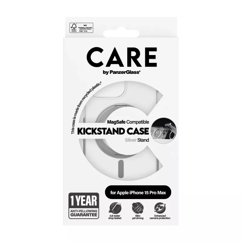 PanzerGlass CARE™ by ® Case Transparent w. Silver Kickstand & MagSafe iPhone 15 Pro Max