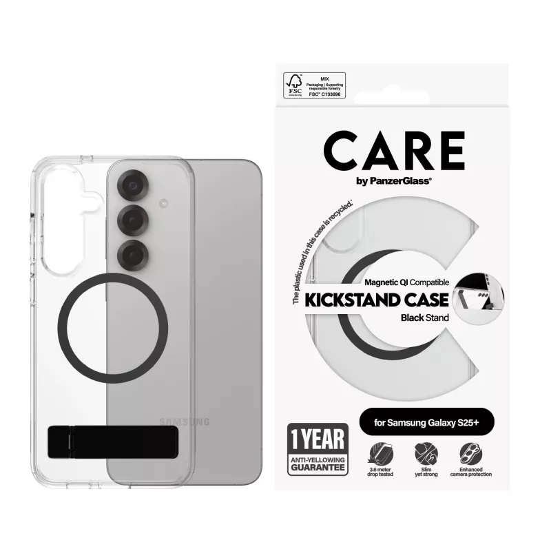 PanzerGlass CARE™ by ® Case Transparent w. Black Kickstand & Qi Compatible Samsung Galaxy S25+