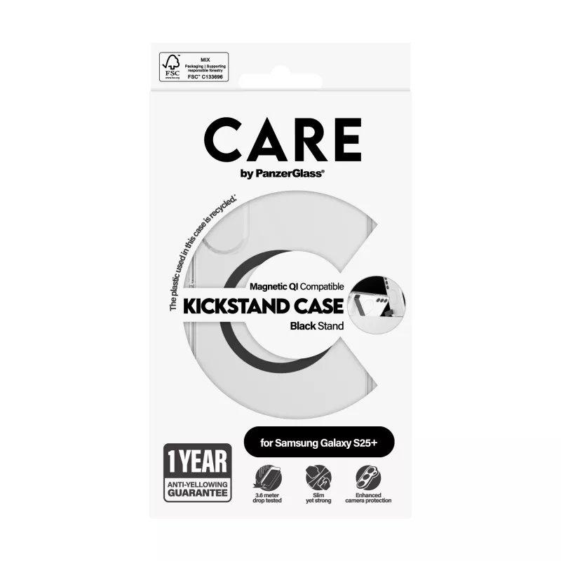 PanzerGlass CARE™ by ® Case Transparent w. Black Kickstand & Qi Compatible Samsung Galaxy S25+