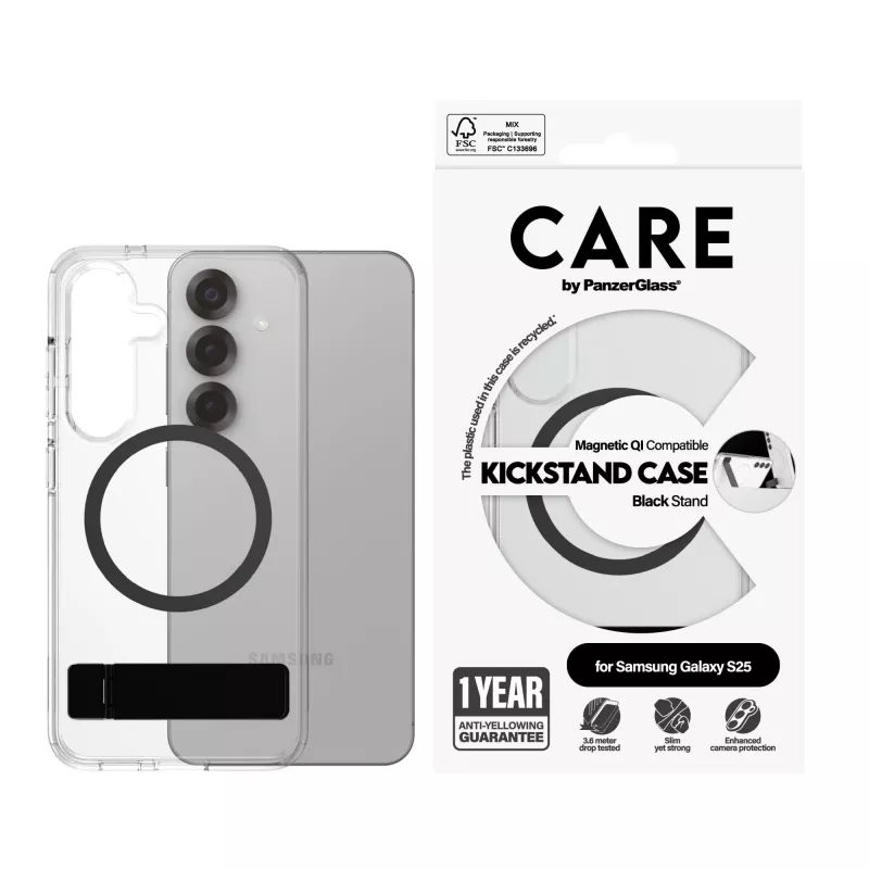 PanzerGlass CARE™ by ® Case Transparent w. Black Kickstand & Qi Compatible Samsung Galaxy S25