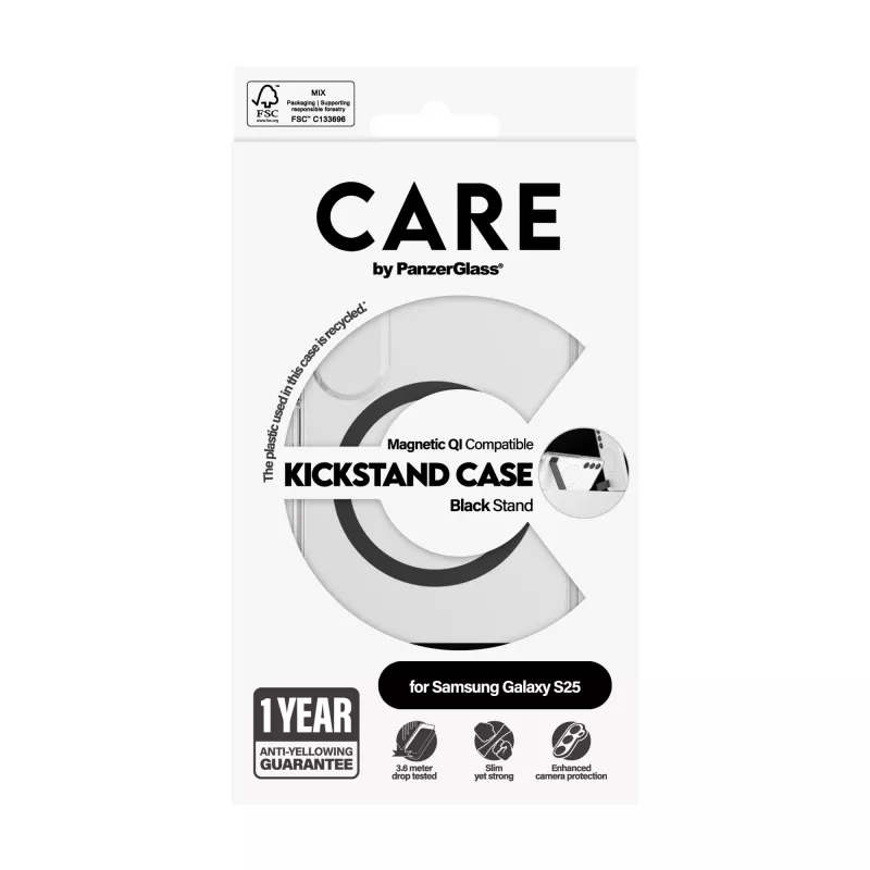 PanzerGlass CARE™ by ® Case Transparent w. Black Kickstand & Qi Compatible Samsung Galaxy S25
