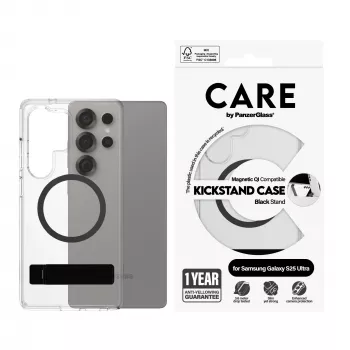 PanzerGlass CARE™ by ® Case Transparent w. Black Kickstand & Qi Compatible Samsung Galaxy S25 Ultra