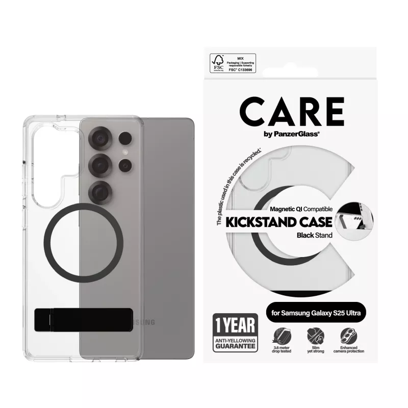 PanzerGlass CARE™ by ® Case Transparent w. Black Kickstand & Qi Compatible Samsung Galaxy S25 Ultra