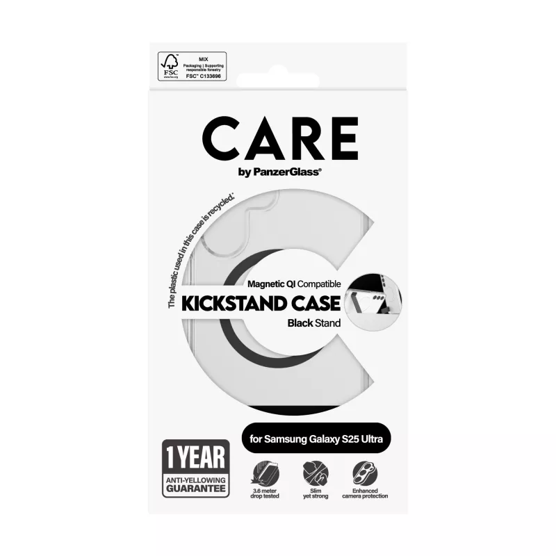PanzerGlass CARE™ by ® Case Transparent w. Black Kickstand & Qi Compatible Samsung Galaxy S25 Ultra