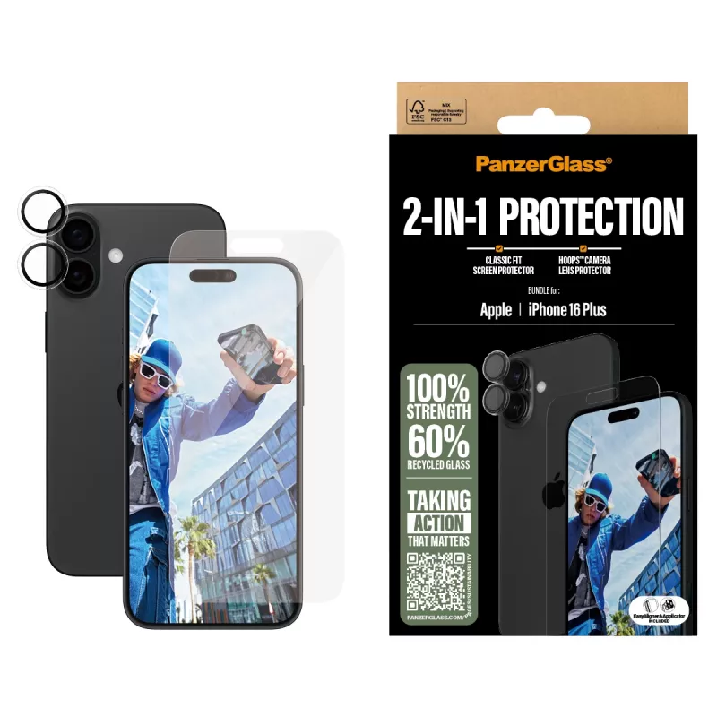 PanzerGlass ® 2-in-1 Bundle iPhone 16 Plus, Apple, Apple - iPhone 16 Plus, Dry application, Scratch resistant, Shock resistant, Transparent, 1 pc(s)