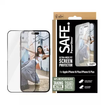 PanzerGlass SAFE. by ® Screen Protection w. Black Frame iPhone 16 Plus | 15 Plus | Ultra-Wide Fit