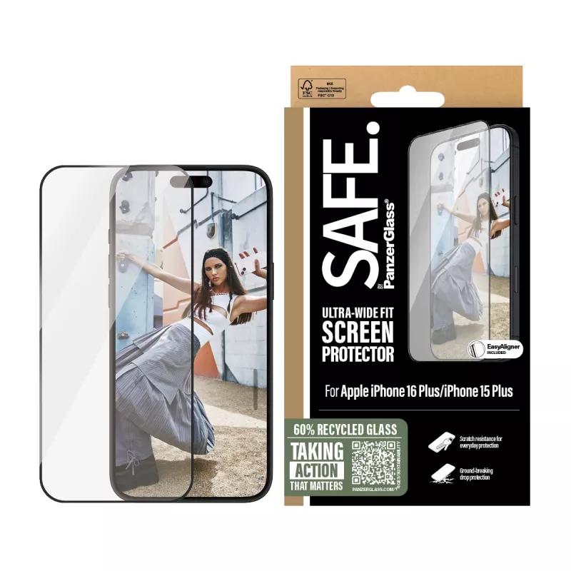 PanzerGlass SAFE. by ® Screen Protection w. Black Frame iPhone 16 Plus | 15 Plus | Ultra-Wide Fit