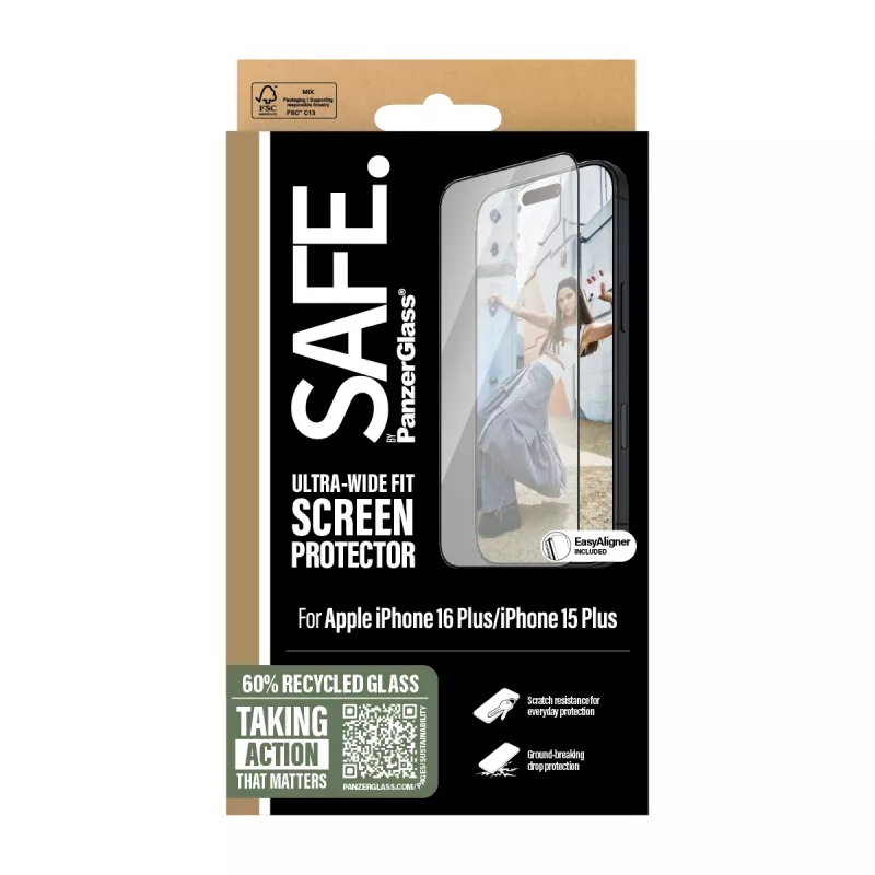 PanzerGlass SAFE. by ® Screen Protection w. Black Frame iPhone 16 Plus | 15 Plus | Ultra-Wide Fit