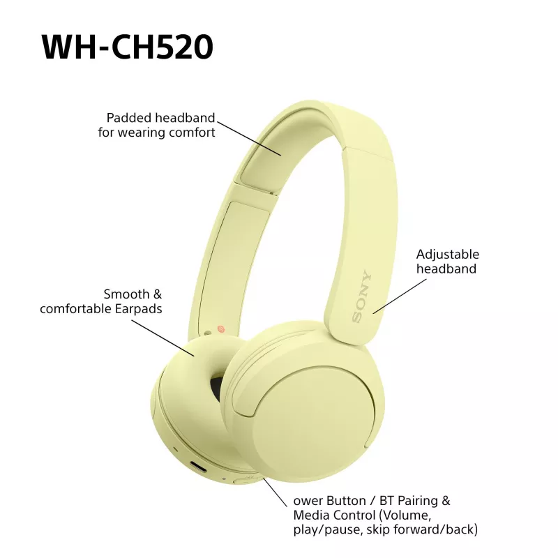 Sony WHCH520Y.CE7, Wireless, Calls/Music, 20 - 20000 Hz, 147 g, Headset, Yellow