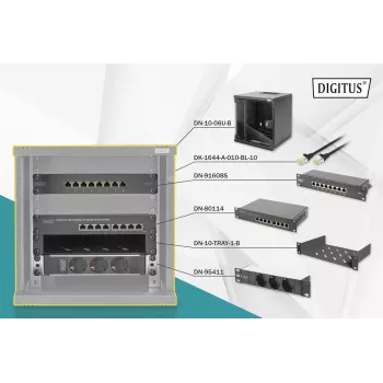DIGITUS 10 inch Network Bundle - 6U Wall-Mount Cabinet, 8-Port Gigabit Switch, CAT6 Patch Panel, PDU, Shelf, 10x S/FTP Patch Cables, Black