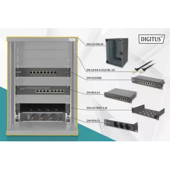 DIGITUS 10 inch Network Bundle Set – 9U Wall-Mount Cabinet, 8-Port Gigabit Switch, CAT6 Patch Panel, PDU, Shelf, 10 Patch Cables, Black