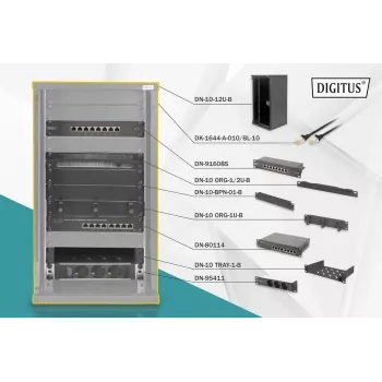 DIGITUS 10 inch Network Set 12U Wall-Mount Cabinet with Patch Panel, Switch, Shelf, Power Strip, Cable Management - Black (DN-10-SET-3-B)