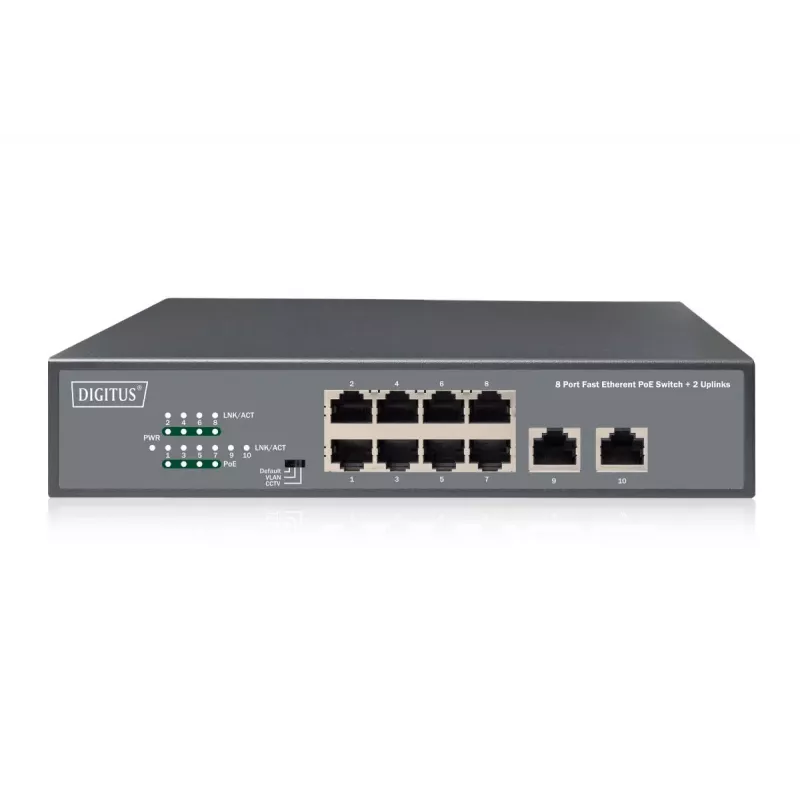 DIGITUS Fast Ethernet PoE af/at 8 port switch + 2 uplinks 120W PoE power budget, rack mountable