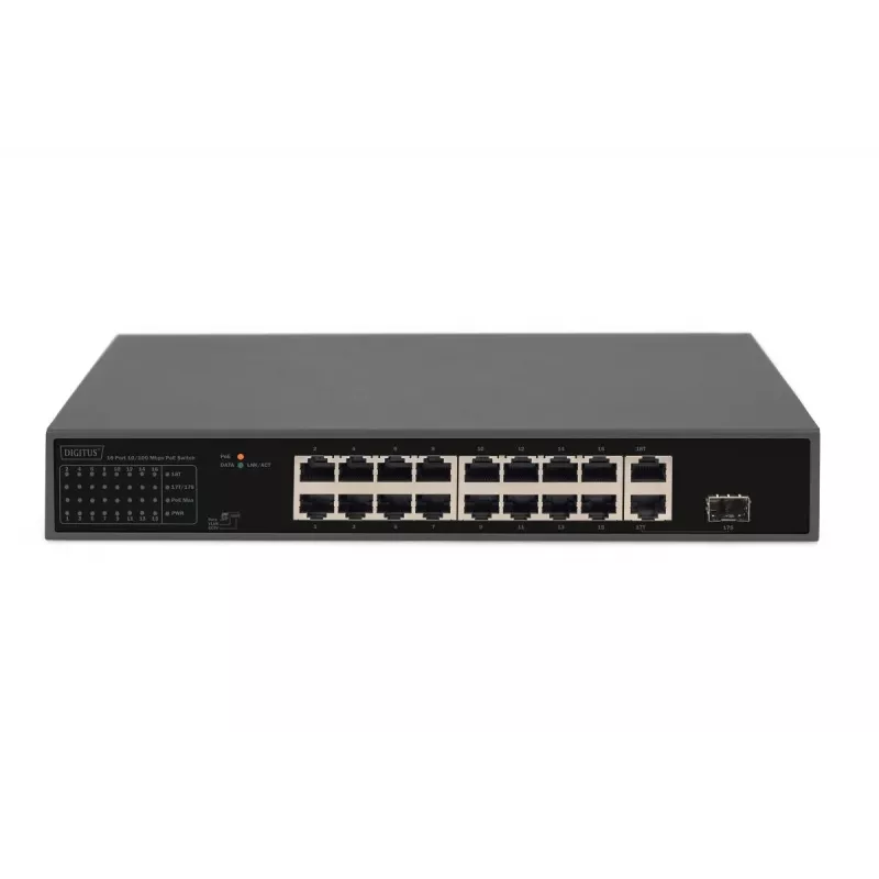 DIGITUS PoE Switch 16 Port 10/100 Mbps 16 x10/100Mbps PoE RJ45 Ports,1x GE RJ45,1x SFP