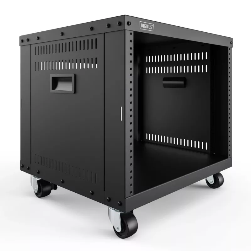 DIGITUS 8U Universal 19-Inch Equipment Rack with Castors, Threaded Mounting Holes, Black