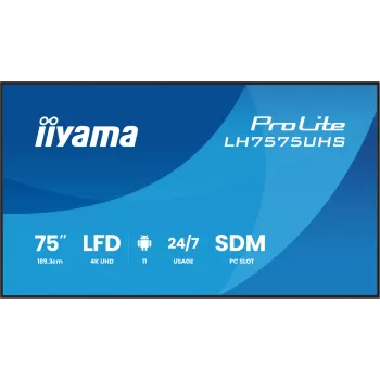 iiyama LH7575UHS-B2AG Signage Display Digital signage flat panel 190.5 cm (75 inch) LCD Wi-Fi 500 cd/m² 4K Ultra HD Black Built-in processor Android 11 24/7