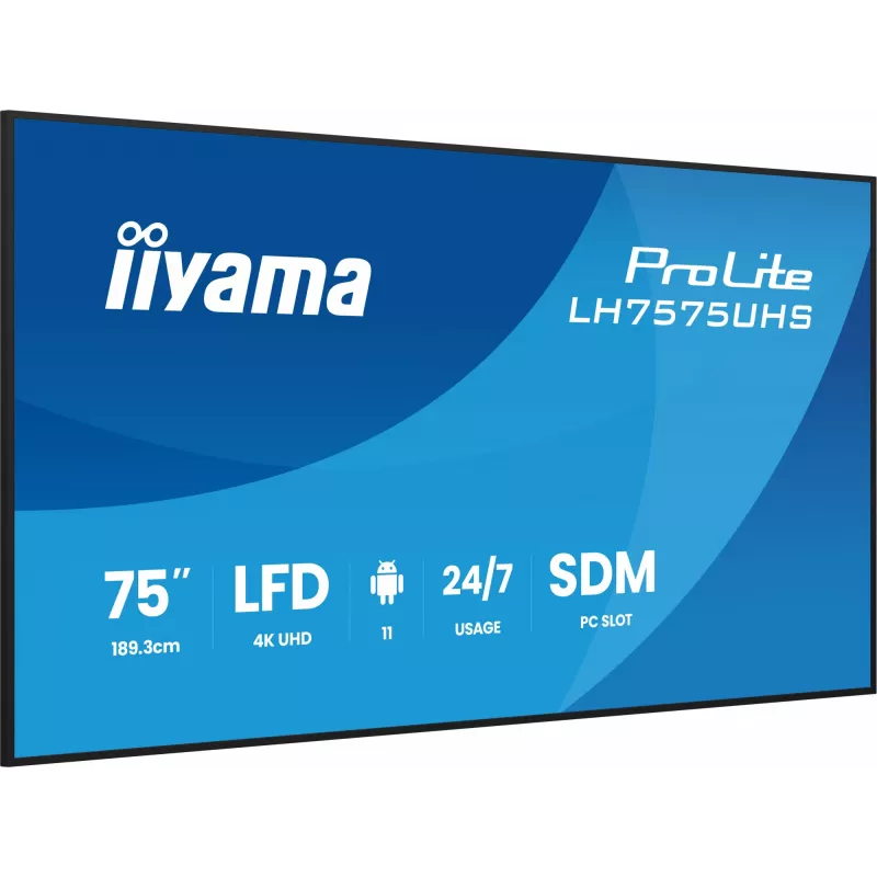 iiyama LH7575UHS-B2AG Signage Display Digital signage flat panel 190.5 cm (75 inch) LCD Wi-Fi 500 cd/m² 4K Ultra HD Black Built-in processor Android 11 24/7