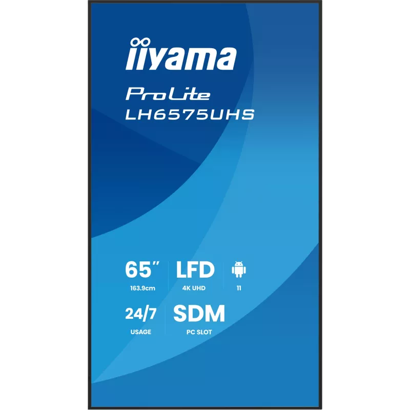 iiyama LH6575UHS-B2AG Signage Display Digital signage flat panel 163.8 cm (64.5 inch) LCD Wi-Fi 500 cd/m² 4K Ultra HD Black Built-in processor Android 11 24/7