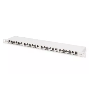 DIGITUS Patch panel CAT6A EA shielded, 24-port RJ45 dust cover, 8P8C, 0.5U, grey RAL 7035