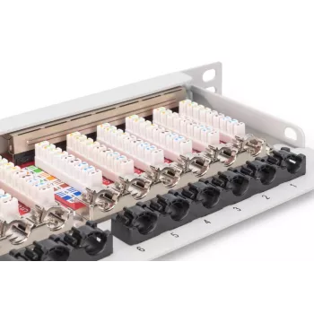 DIGITUS Patch panel CAT6A EA shielded, 24-port RJ45 dust cover, 8P8C, 0.5U, grey RAL 7035