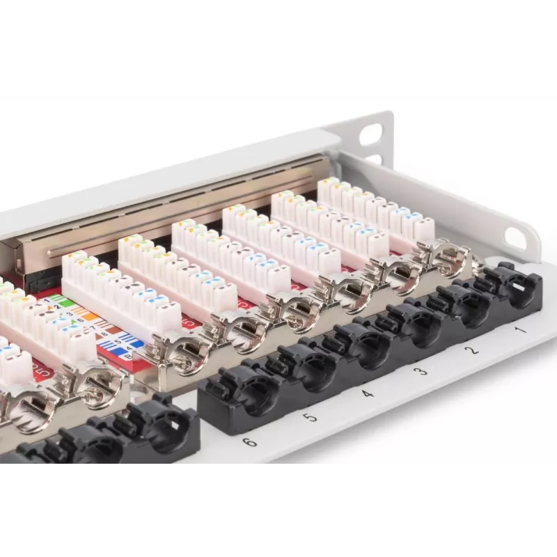 DIGITUS Patch panel CAT6A EA shielded, 24-port RJ45 dust cover, 8P8C, 0.5U, grey RAL 7035