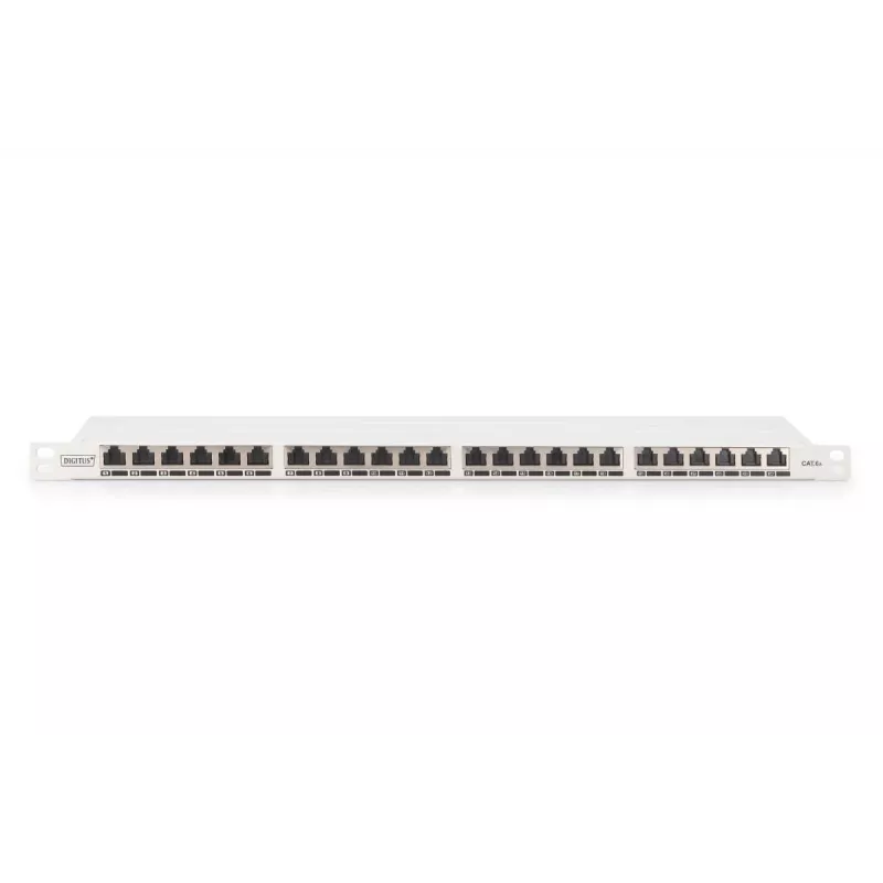 DIGITUS Patch panel CAT6A EA shielded, 24-port RJ45 dust cover, 8P8C, 0.5U, grey RAL 7035